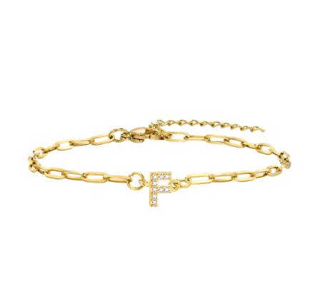 Vnox 18K Gold Zircon Initial Bracelet,Letter Charm Link Stainless Steel Flat Cross Bracelet F