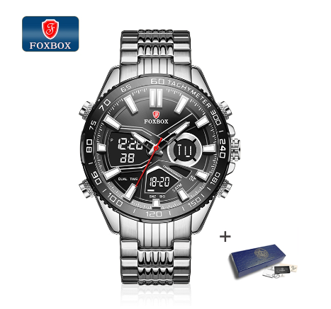 FOXBOX Fashion Sport Digital Watches For Men Waterproof Luminous Stainless Black Blue Gold Dual Display Watch SILVER BLACK