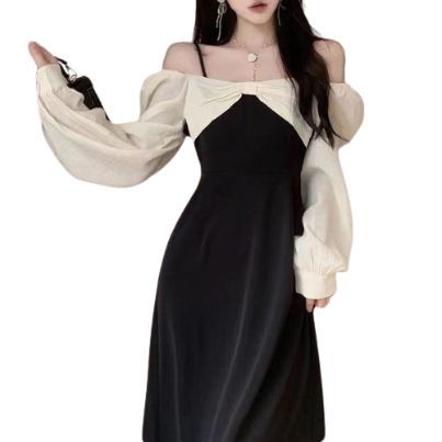 Lovito Women Elegant Plain Cold Shoulder Dress LNA39106 (Black and White)