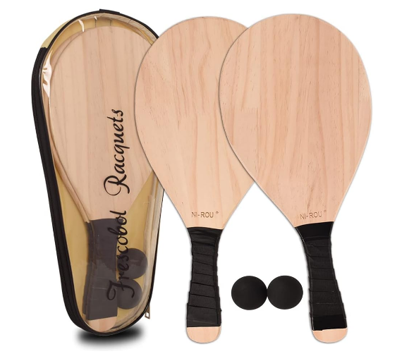 Solid Wood Pickleball Paddle Ball Toy with Carry Bag 2pcs Paddles and 2 Balls Beach Rackets Ball Games for Kids and Adults