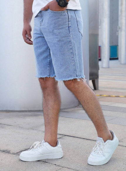 Men's Solid Color Frayed Hem Straight Leg Denim Shorts With Slanted Pockets