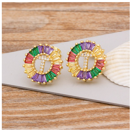 Colorful Choice 26 Initial Letters Earrings Cute Alphabet Copper CZ A-Z Rainbow Stud Earrings Name Jewelry T