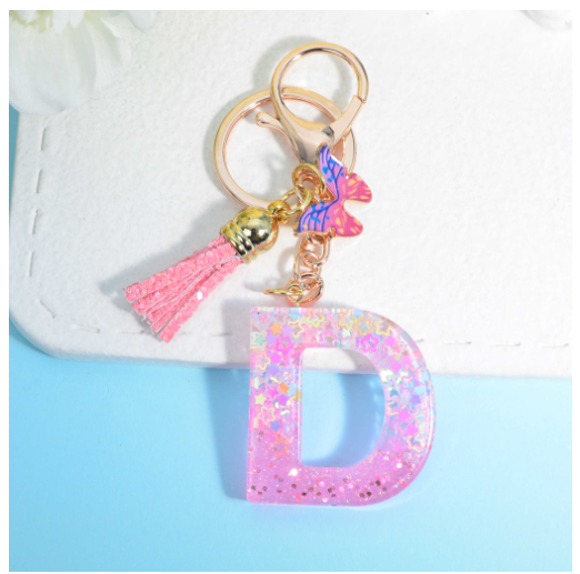 Glitter Star Sequin Filled 26 Letter Keychains With Butterfly Pendant Fashion Tassel Name Initials Key Chains Car Keyrings Gifts D