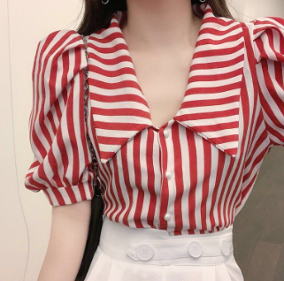 Striped Shirt Slim Fit blouse Short Puff Sleeve Tops