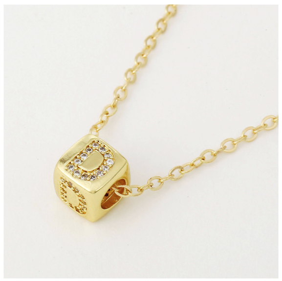 18K Gold Plated Titanium Steel English Letter Pendant Necklace Collar Chain Women's Fashion Copper Inlaid Zircon Dice Necklace Neckchain D