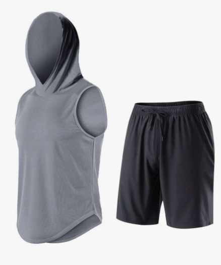 2pcs/Set Men's Sport Tank Top Set, Outdoor Fitness Clothes, Running Hooded Vest, Athletic Suit, Tracksuit Men Shorts Set Men Shorts Set
