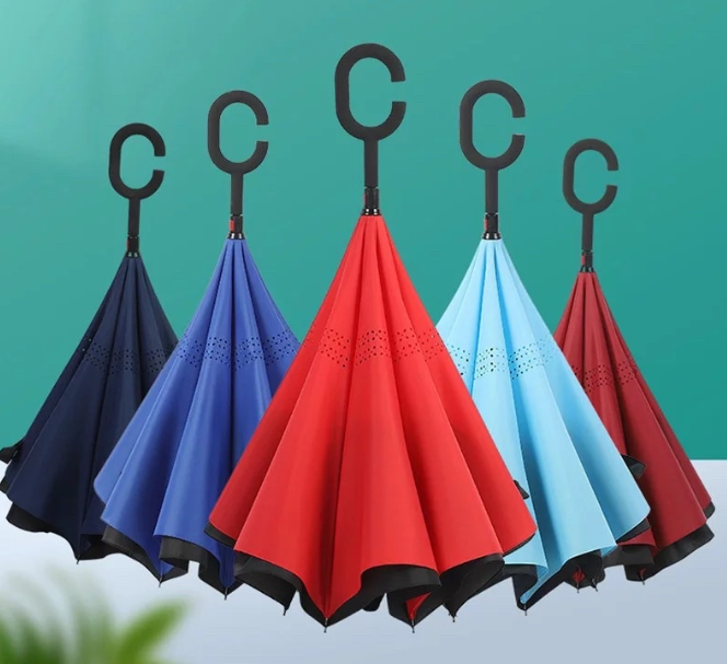 Double Layer Innovative Inverted Umbrella Inverted Car Umbrella With Smart C Shape Handle