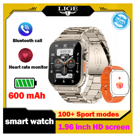 LIGE Call Smart Watch Men 1.96 Inch Full Touch 600mAh Battery Watch Sport Waterproof Fitness Support Recording Connect Music Watch STEEL ROSE