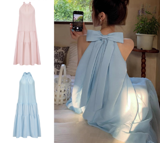 Lovito Women Bow Back Dress L61AD081 Blue