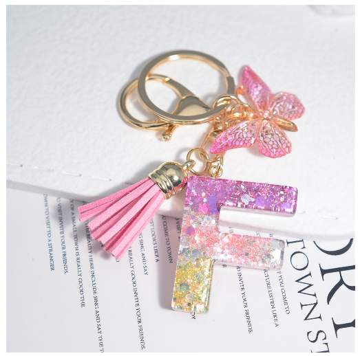 Glitter Sequin Filled 26 Letter Keychain With Tassel Exquisite Butterfly A-Z Alphabet Keyrings Women Bag Pendant Ornaments Gifts F