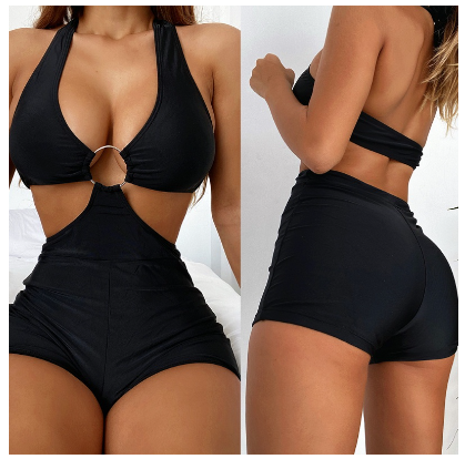 Womens O-Ring Halter V-Neck Bikini Swimsuit Swimwear Vintage Boy-Leg Monokinis Solid Color Cutout Waist Bathing Suit