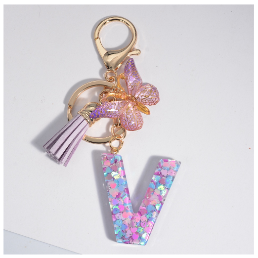Sweet Heart Sequin Filled A-Z Letter Keychains With Tassel Fashion Butterfly 26 Alphabet Keyring Car Keyholder Birthday Gifts V