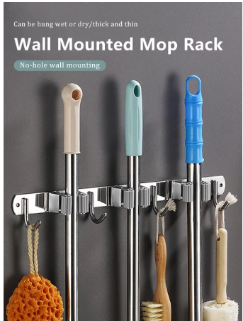 Mop Broom Holder Heavy Duty Hooks Hanger Wall Mounted Stainless Steel Organizer