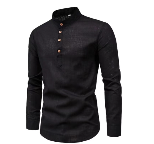 Men‘s Autumn Cotton Linen Long Sleeve Polo Stand Collar Polo Shirt