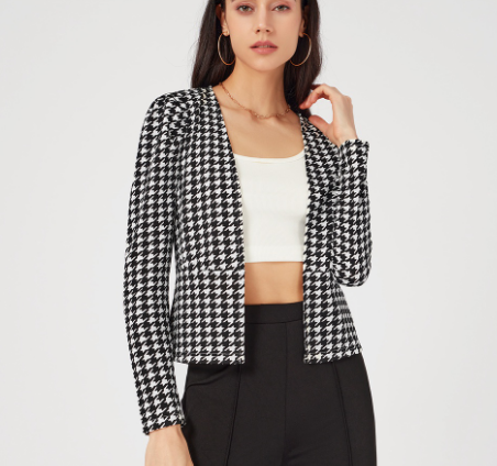 Classy Houndstooth Leg Of Mutton Sleeve Blazers (Black and White)