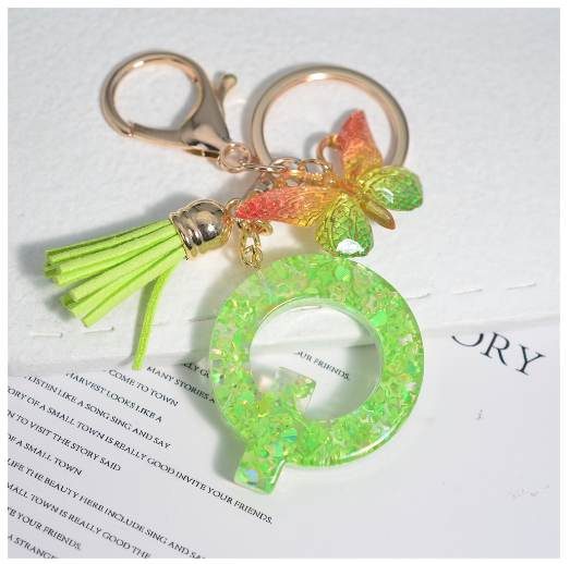 Glitter Green 26 Letter Resin Keychain Fashion Sequin Filled A-Z Alphabet Keyrings For Women Car Key Holder Accessories Souvenir Q