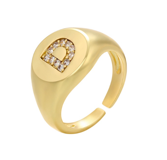 Maxzone A-Z Letter Hip Hop Gold Color Metal Finger Rings Adjustable Opening Ring Initials Name Alphabet Female Party Fashion Jewelry D