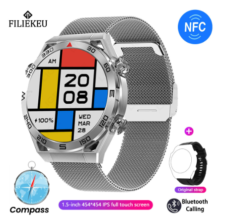 FILIEKEU Watch Ultimate GPS compass smart watch bluetooth call waterproof sports fitness ECG smart watch SILVER MESH STRAP