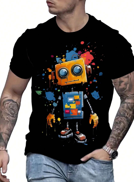 Men's Plus Size Cartoon Robot Printed Short Sleeve T-Shirt For Summer