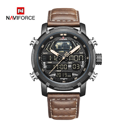 Naviforce Men Top Brand Luxury Sport Leather Strap 30M Waterproof Miliary Dual Display Wristwatch BLACK YELLOW