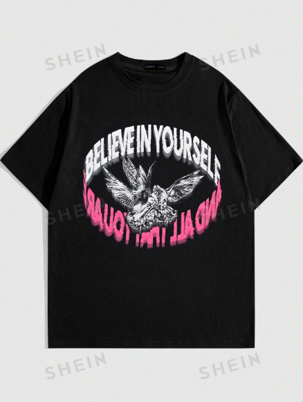 ROMWE Street Life Men Pigeon & Letter Graphic Tee