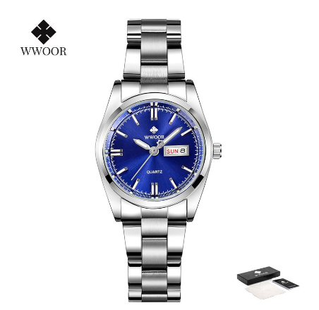 Wwoor Women Watches Stainless Steel Quartz Wrist Watch Creative Design Ladies Clock Female Watch BLUE DIAL SILVER CASE STRAP