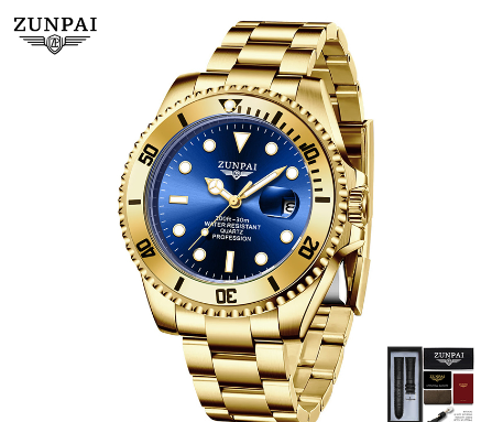 ZUNPAI Watch for Men Original Waterproof Stainless Steel Silver Gold Fashion Business Trend Calendar Luminous Watch  GOLD BLUE