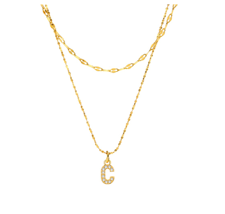 Vnox Double Layered Letter Initial Pendant Necklace,Gold Plated Shiny Zircon Alphabet Charm Necklace for Women C