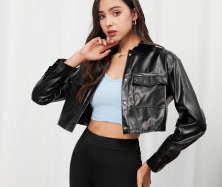 Lovito Casual Basic Lapel Cropped Jackets For Women (Black)