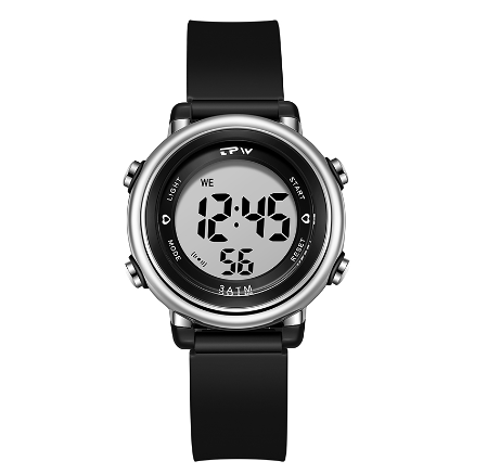 TPW 35mm Sports Watch Seven Colours Backlight Week Display Wristwatch 3ATM Waterproof Watch BLACK