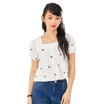 Lovito Casual Floral Ruffle Hem Draped Short Sleeves Crop Blouses for Women L53AD003 (White)
