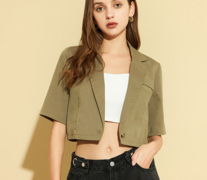 Casual Plain Apricot Notched Collar Short Sleeve Blazers for Women (Khaki)