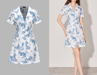 Lovito Women Button Front Collar Button-Embellished Dress L59ED116 Blue and White