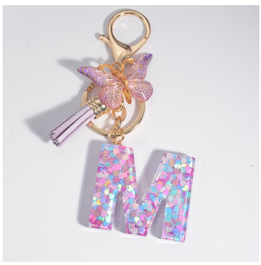 Sweet Heart Sequin Filled A-Z Letter Keychains With Tassel Fashion Butterfly 26 Alphabet Keyring Car Keyholder Birthday Gifts M