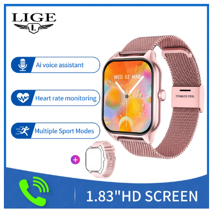 LIGE Original Smart Watch Men Women 1.83 inch HD Screen Bluetooth Call Smart Bracelet Men Health Monitor Sport Watch MESH PINK