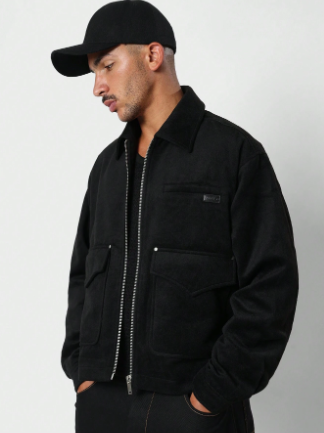 SUMWON Suedette Boxy Fit Zip Through Jacket With Leather Patch