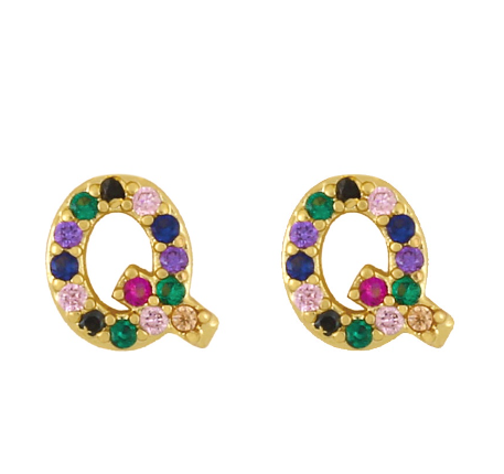 New European and American Fashion Gold 26 Letters Colorful Zircon Alphabet Stud Earrings Women Jewelry Gifts Q