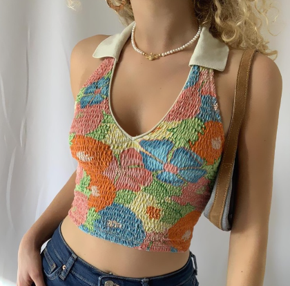 Hot Style Women's Lapel V Neck Floral Print Backless Casual Tank Top