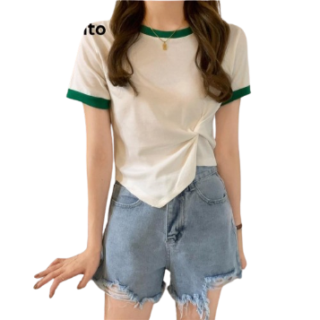 Lovito Women Casual Patchwork Contrast Binding Pleated T-Shirt LNE43268