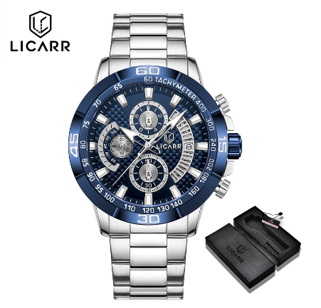 LICARR Brand Original Men's Watches Luxury Fashion Casual Chronograph Quartz Military Watch Men Waterproof 9508 SILVER BLUE