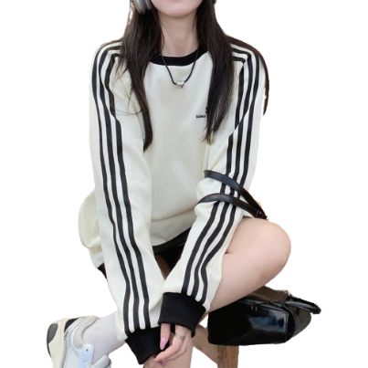 Lovito Women Casual Plain Contrast Binding Sweatshirt LNE30279 (Black and White)