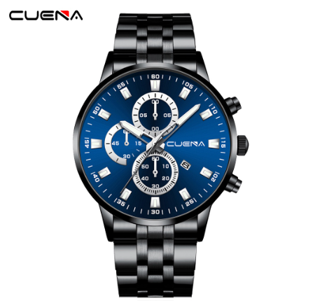 CUENA Men's Watches Original Brand Luxury Business Analog Quartz Waterproof 6025 BLACK BLUE SILVER