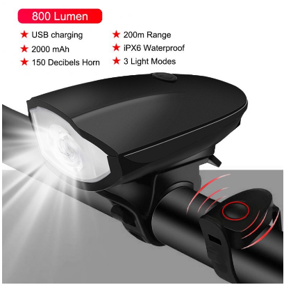 Black Bicycle Light Usb Led Waterproof With Horn Mountain Bike Dark Night Outdoor Riding Headlight