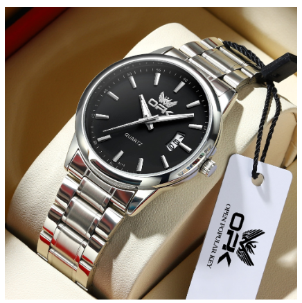 OPK Watch For Men WaterProof Original Stainless Steel Leather Strap Fashion Luminous Calendar Quartz Mens Watches BLACK DIAL SILVER STRAP