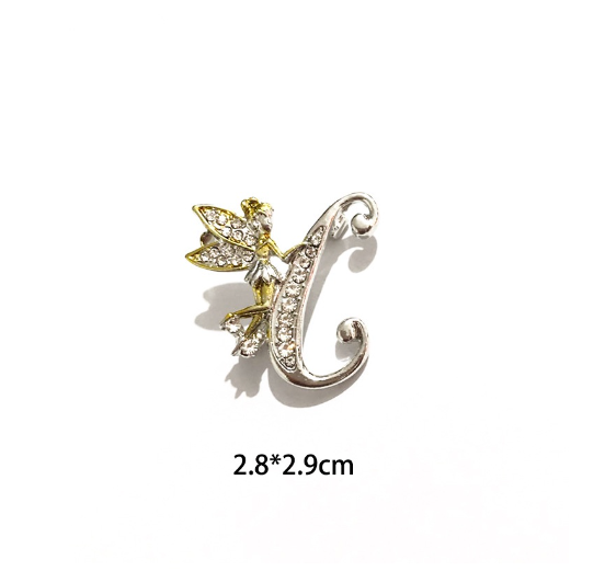 Luxury Crystal Angel Letter Brooch Women Men Rhinestones A To Z Elf Initials Collar Pins Party Gifts Jewelry C