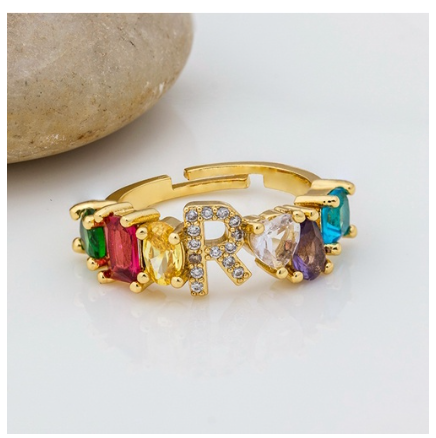 Hot Sale Adjustable A-Z 26 Initial Ring Bohemian Copper Zircon Rainbow Letter Rings for Women Girls Jewelry R