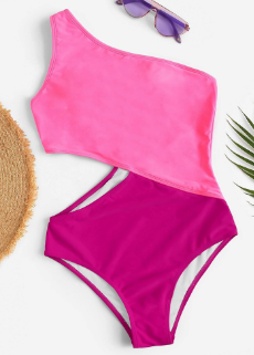 Cut Out Patchwork One Piece Swimsuits 2021 Shoulder Swimwear Women Belted Bodysuits Sexy Pink Purp