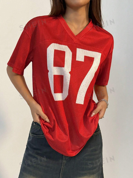 SHEIN Coolane Women's Oversized Mesh Baseball Jersey Tee Shir With Letter Print