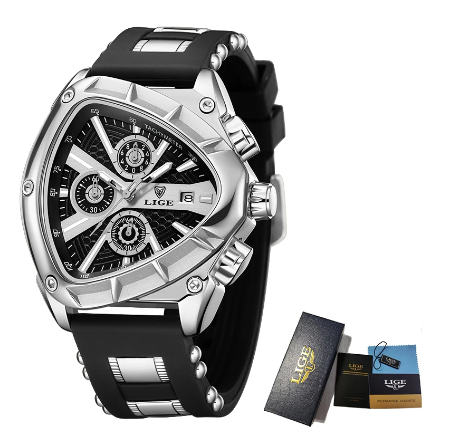 LIGE Official Relo Male Business Quartz Watches Silicone Strap Sport Chronograph Wristwatch Waterproof Luminous Triangle Watches SILVER BLACK