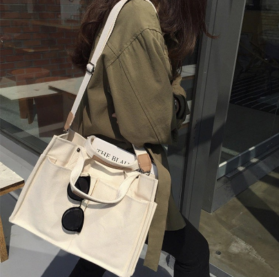 South Korea Casual Large Canvas Shoulder Tote Bag Multi Pocket Storage Organizer